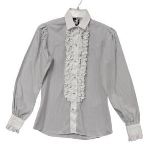 Vintage Karman Ruffled Western Shirt Size 5/6 Gray Herringbone Long Sleeve